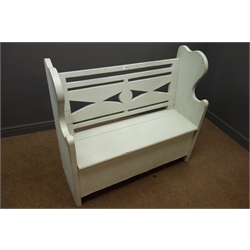  Pine hall bench, pierced back, with hinged seat encolising storage space, solid end supports, painted finish, W117cm, H105cm, D46cm  