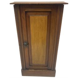 Victorian walnut bedside cupboard, moulded top over single panelled door with birdseye maple panel, fitted with shelf, on skirted base 