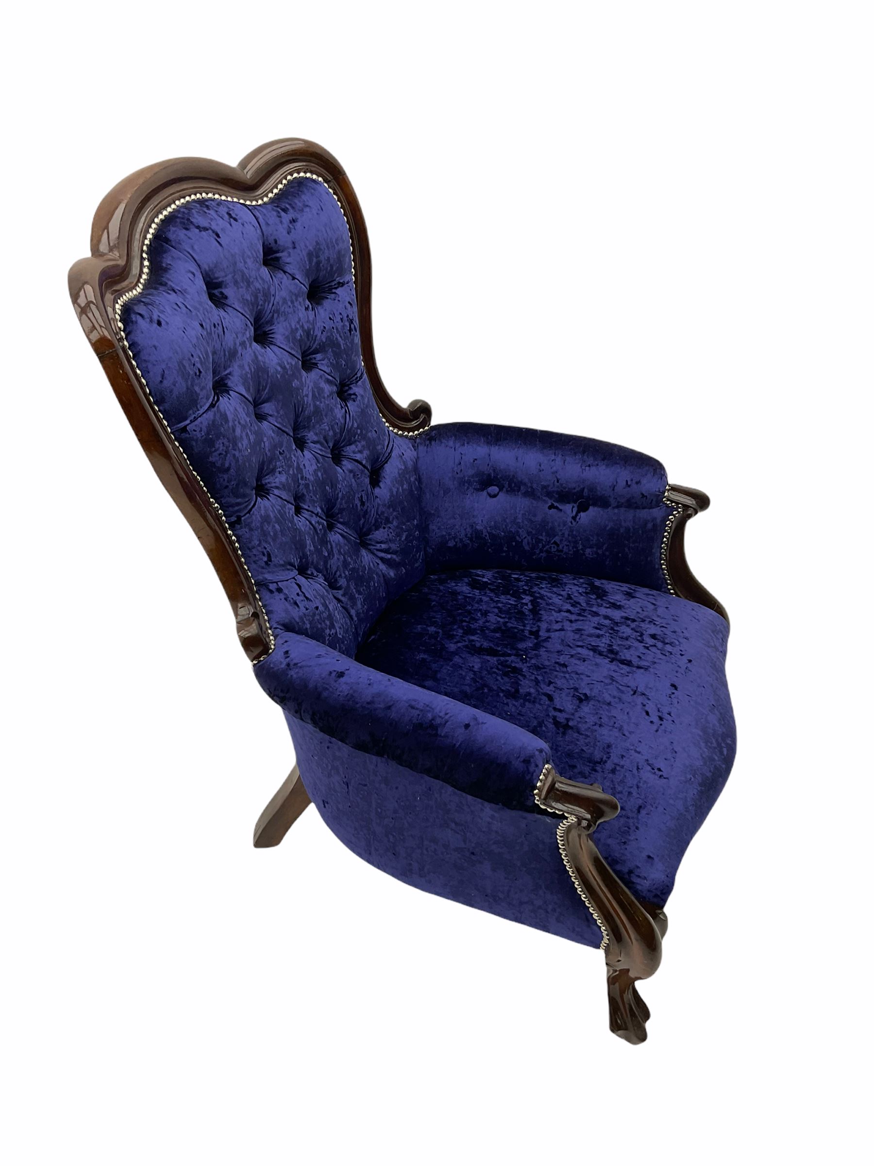 Victorian style mahogany framed armchair, upholstered in blue crushed velvet studded fabric