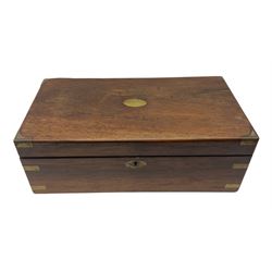 19th century mahogany and brass bound writing slope, the hinged lid lifting to reveal the upholstered folding writing slope and fitted compartmented interior, H16cm L45cm