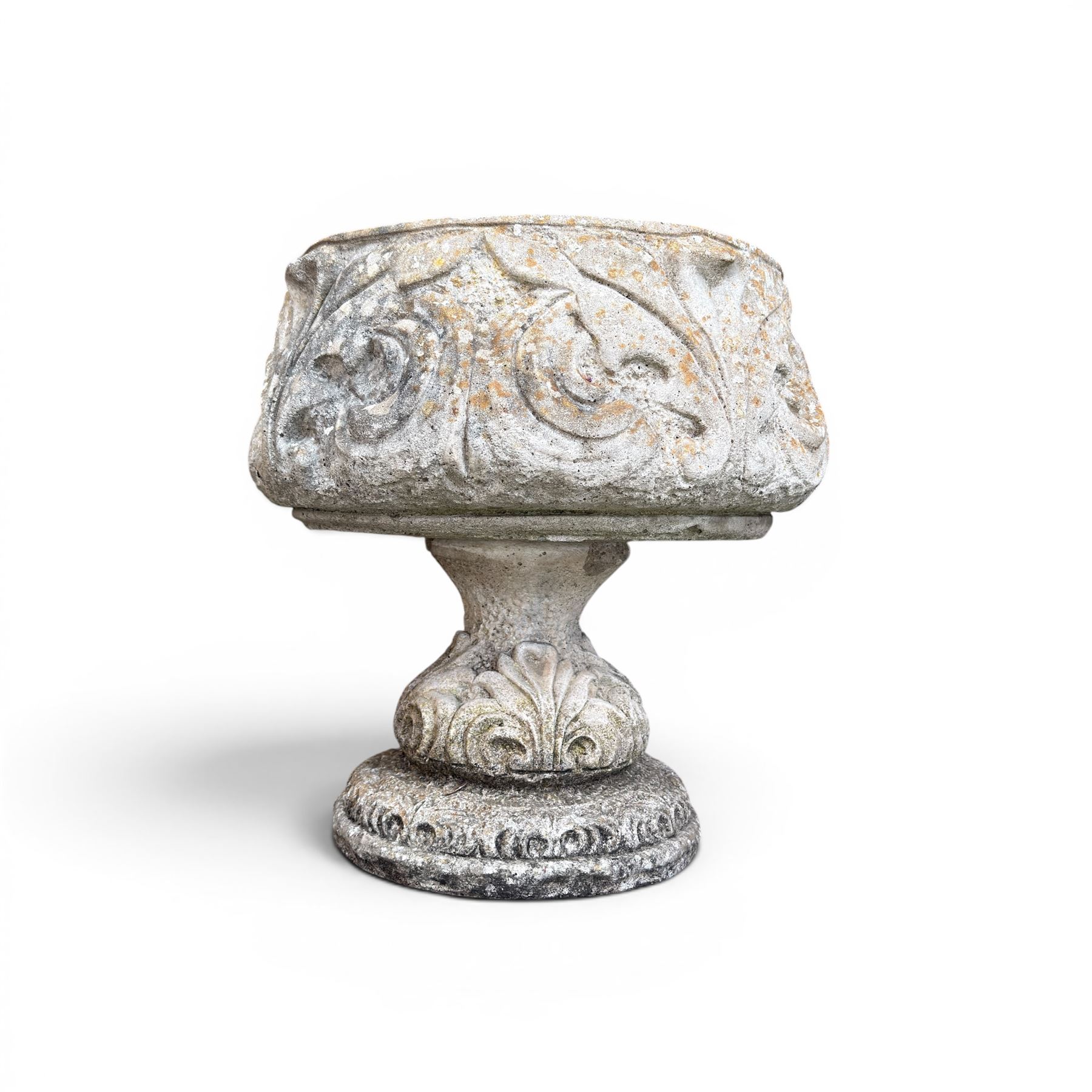 Cast stone ornate garden urn, circular shall bowl on squat base