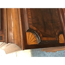 Early 19th century inlaid and cross banded mahogany London style longcase clock, brass arched dial, Roman and Arabic numerals, second and month subsidiary, lattice spandrel, eight day movement, automatic night time silent and strike mode, H242cm (two weights and pendulum)