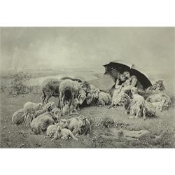 After Randolph Caldecott (British 1846-1886): 'On the Sands' Scarborough, 19th century engraving with hand-colouring together with after Luigi Chialiva (Swiss 1842-1914): 'The Little Shepherdesses', engraving max 46cm x 60cm (2)