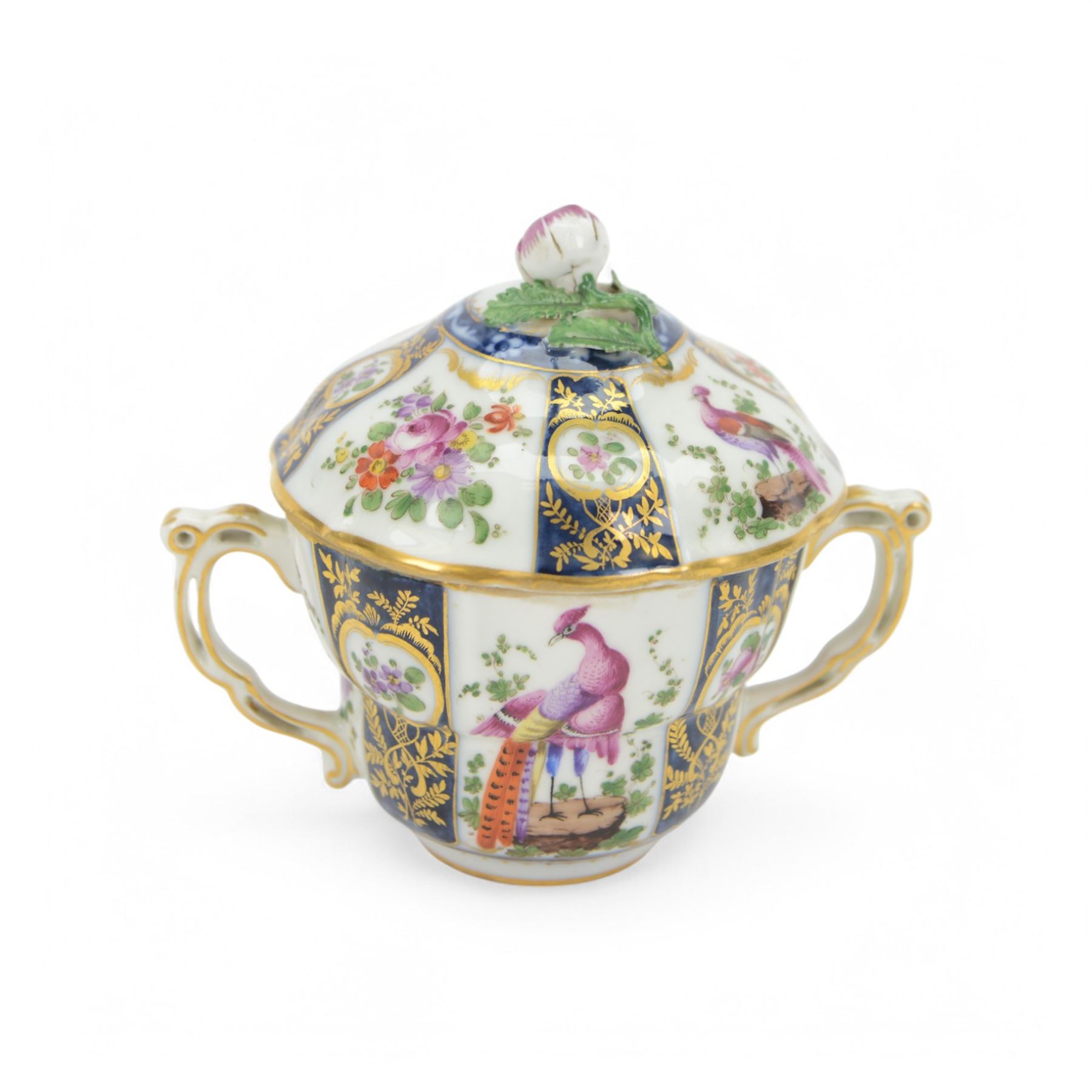 19th century porcelain chocolate cup and cover, decorated in the manner of Worcester with exotic birds, probably Samson Paris 