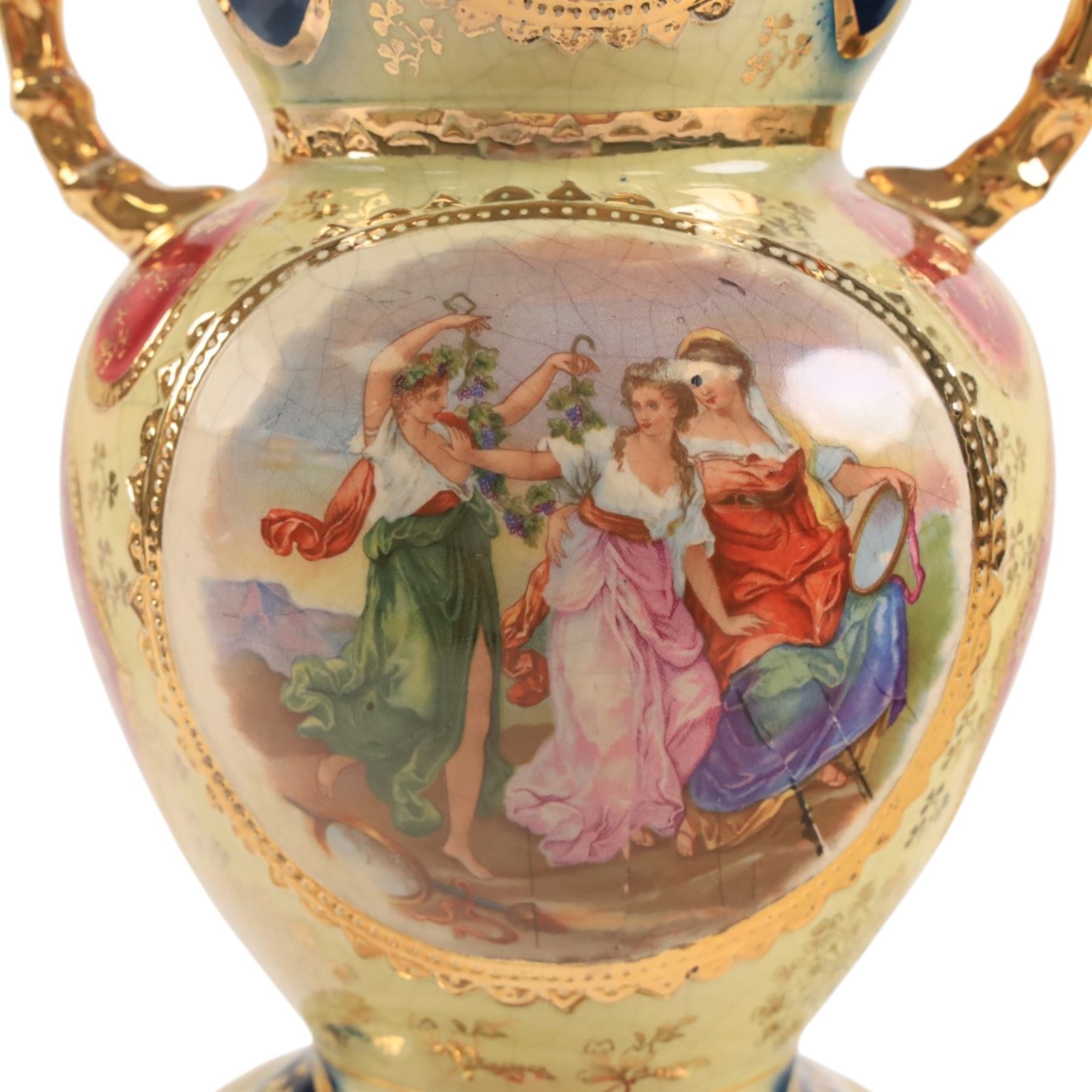 Large Royal Vienna covered urn, the central panels decorated with dancing figures and gilt detail, with twisted handles, H56cm