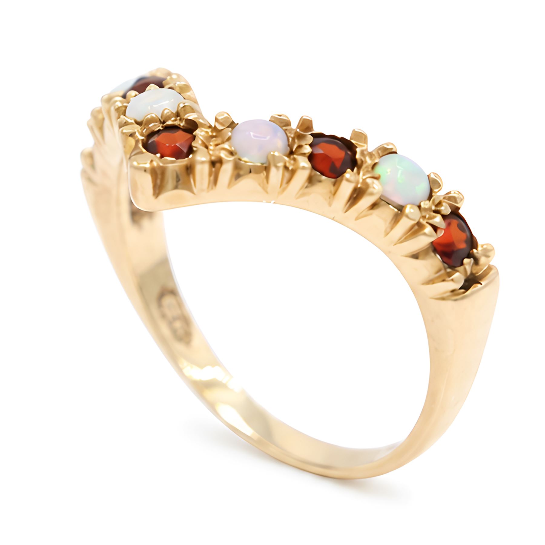 9ct gold garnet and opal wishbone ring, set with alternate round cut garnets and cabochon cut opals, London 1980