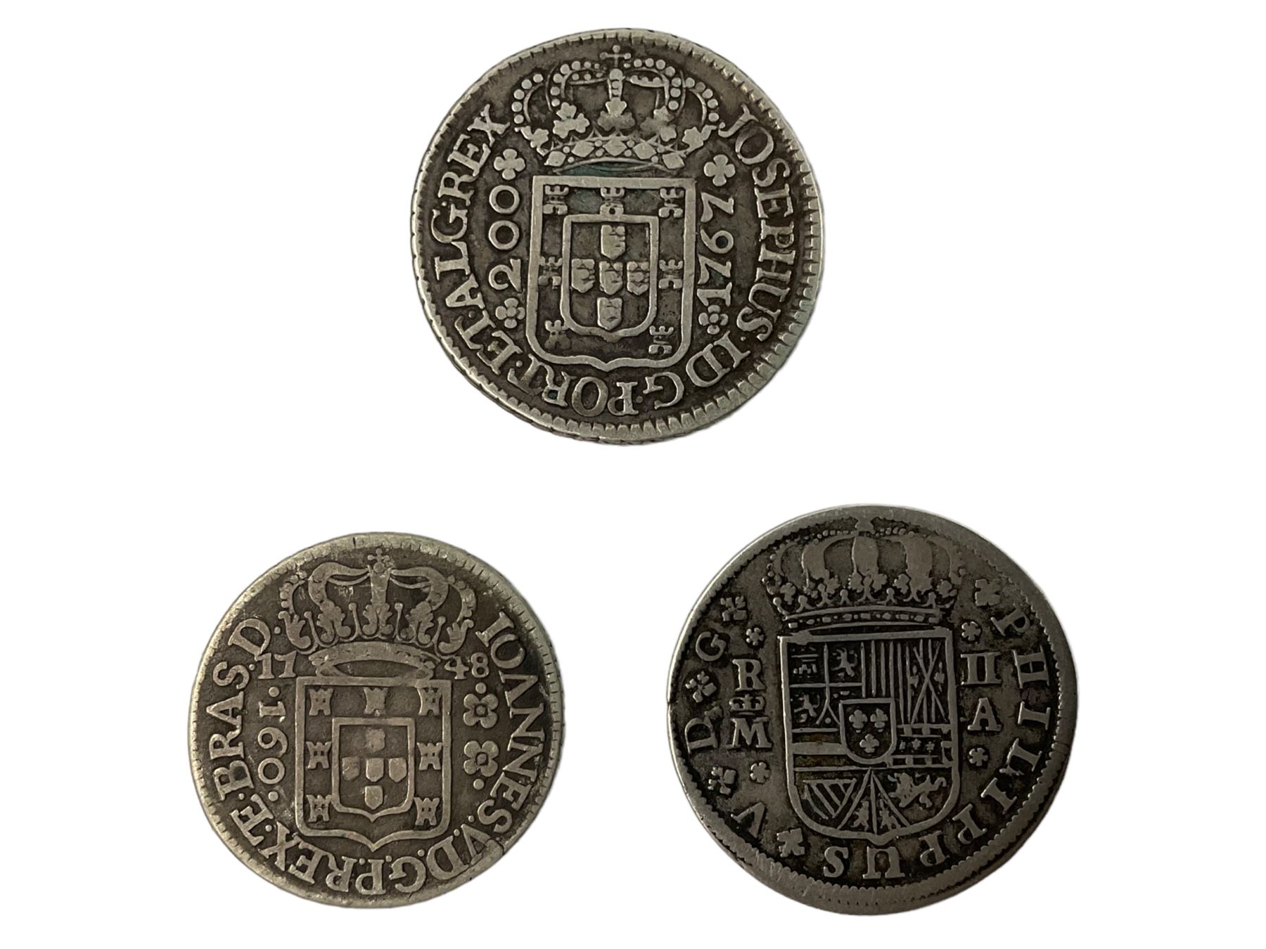 Philip V Spain 1721 two reals, Brazil 1748 one-hundred and sixty reis, Portugal 1767 two-hundred reis coin (3)