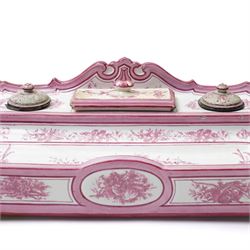 19th Century French enamelled porcelain inkstand, by Gien, in shades of pink and white, with twin inkwells and pen tray, printed marks to base W31cm D16cm