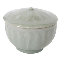 Celadon longquan lidded bowl with lotus decoration, together with another lidded jar with elephant finial, tallest H15cm 