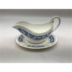 Coalport Revelry pattern tea and dinner wares, comprising nine dinner plates, four salad plates, eleven side plates, sauce boat and stand, ten teacups and ten saucers, and preserve pot and cover, together with a Coalport plate of shaped form decorated with pink roses, and a Royal Crown Derby Royal Antoinette pattern trio