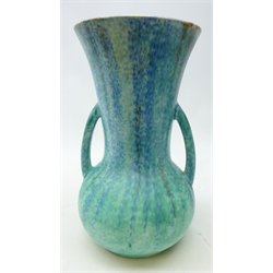  Art Deco two handled pottery vase, with streaked and mottled blue glaze, stamped 21, probably Sylvac, H31cm   