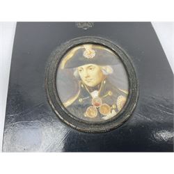 Matched set of five early 20th century hand finished miniature prints of 19th century military figures including Napoleon, Nelson, Wellington, Marlborough etc; each oval mounted in ebonised frame (5)