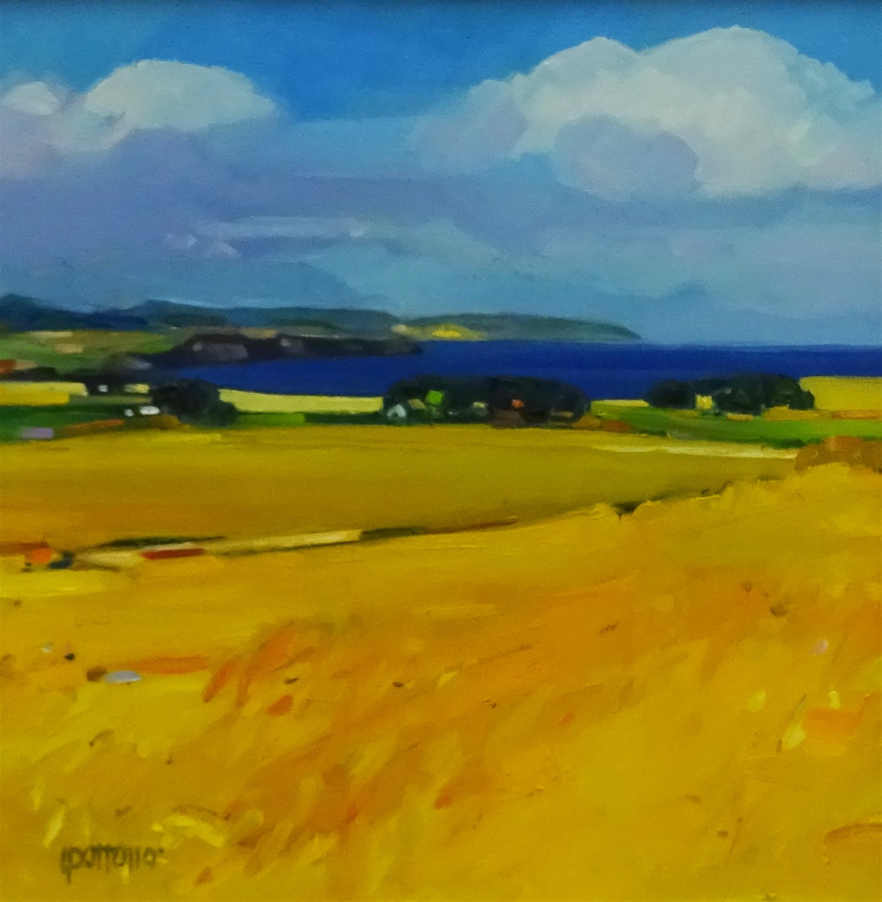 Lin Pattullo (Scottish 1949-): 'Cornfields at Angus', oil on canvas signed, titled verso 29cm x 29cm
Provenance: purchased by the vendor from the Richard Hagen Gallery Broadway, label verso

