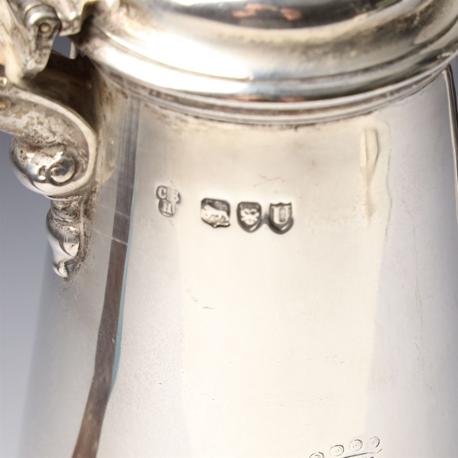 Late Victorian silver small coffee pot with stained wood handle and domed cover and engraved with a crest H20cm London 1895 Maker Charles Stuart Harris
