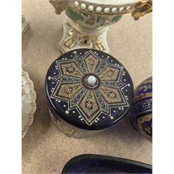 Two Royal Crown Derby pot pourri, Dresden teacup and saucer, three blue glass dressing table items, etc 