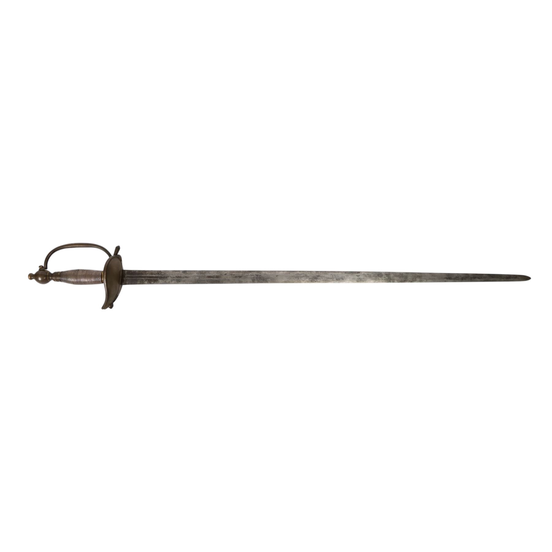 British Georgian Officers Sword, with 83cm double edged fullered blade engraved with with motifs and Osborn along with Warranted, with brass heart shaped guard and faux wire bound grip, with scabbard with twin suspension rings, overall length 100cm