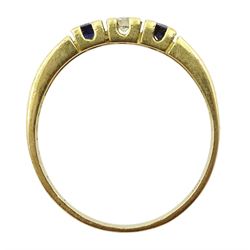 Gold three stone round brilliant cut diamond and princess cut sapphire ring, stamped 18kt