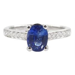 18ct white gold single stone oval sapphire ring, with diamond set shoulders, hallmarked, sapphire approx 1.25 carat
