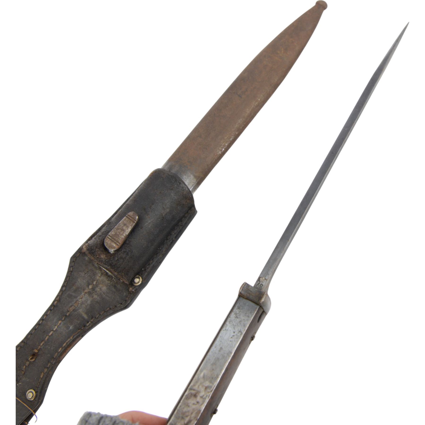 WWII German bayonet marked S/174, in scabbard, with leather frog, the frog marked H. Glemen Elberfeld 1938, together with another German bayonet and frog  