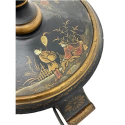 Late 20th century chinoiserie standard lamp, the circular base decorated with raised gilt figural scenes, H153cm (measurement excluding shade and fitting)