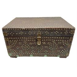 Mahogany chest covered with studded metal, the hinged lid opening to reveal part compartmented interior, with twin handles, W50cm D35cm H28cm