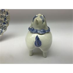 Japanese Hirado blue and white porcelain censer in the form of a Lion Dog, together with a Hirado porcelain shell shaped dish, centrally decorated with an exotic bird flanked by two roundels on floral scroll ground, censer H13cm