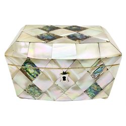 Victorian mother of pearl and abalone tea caddy, of rectangular bow fronted form upon four compressed bun feet, the hinged cover opening to reveal a twin compartmented interior with mother of pearl covers over interiors with remnants of zinc lining, H9.5cm L14.5cm D9cm
