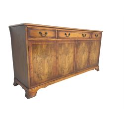Bradley - Georgian design yew wood sideboard dresser, fitted with three drawers and four cupboards, on splayed bracket feet