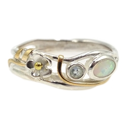  Silver and 14ct gold wire opal and topaz ring, stamped 925  
