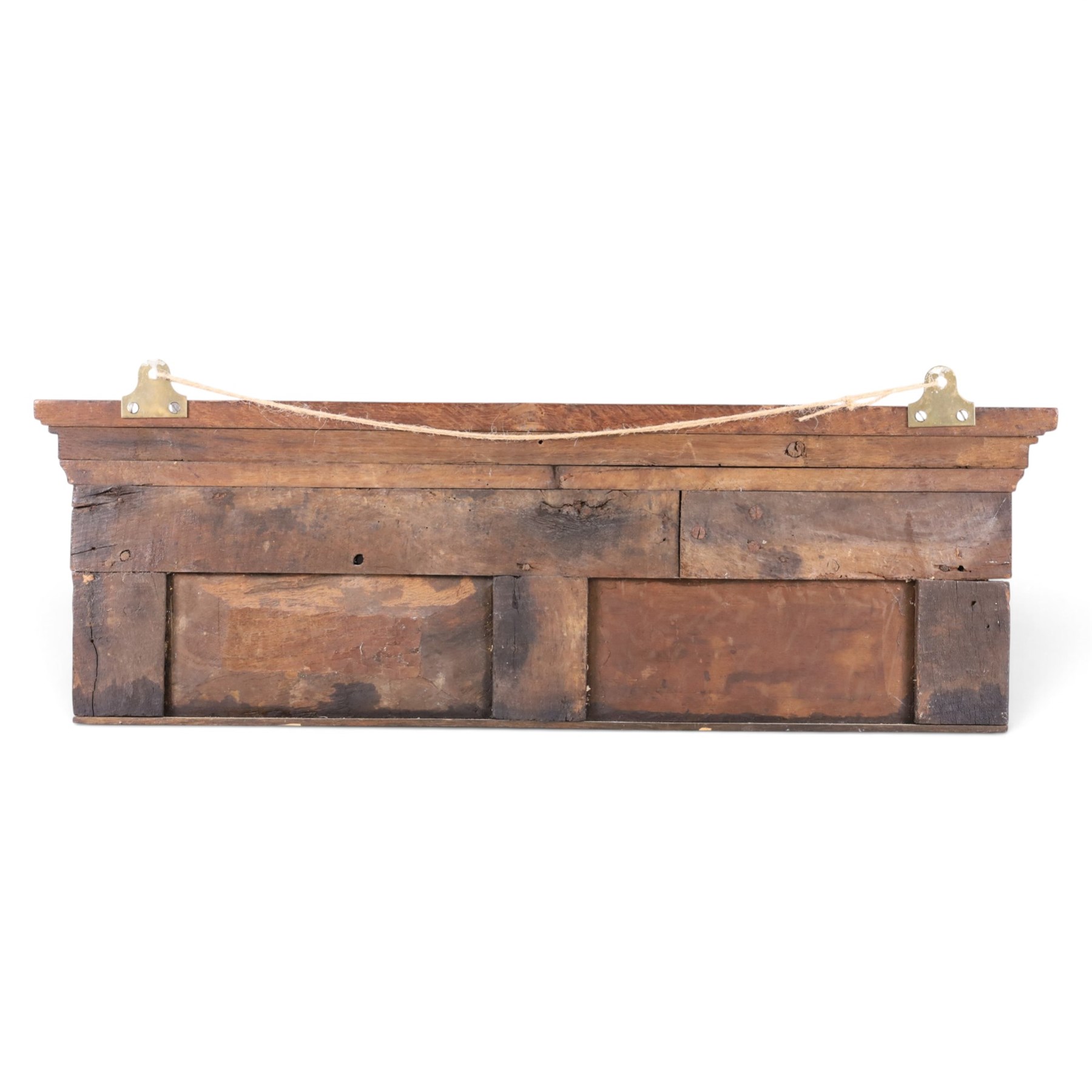 18th century and later carved oak panel, the carved cornice above a repeating boarder and two panels, H25cm, L81cm