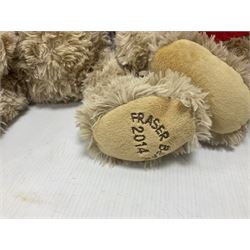 Eight annual Fraser Bears, by House of Fraser, dating between 2012 and 2019, tallest H35cm