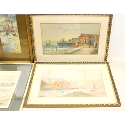 Arthur Craven (British 20th century): 'Dawn Across North Bay Scarborough', watercolour signed, titled on label verso, Whitby, pair early 20th century watercolours signed Charles W Oswald, and two further watercolours signed J E Hall, max 30cm x 42cm (5)