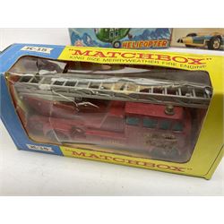 Various makers - Tri-ang Mini-Hi-Way Racing Car Series Le Mans No.9 racing car; Matchbox K-15 Merryweather Fire-Engine; Marx tin-plate Friction Helicopter; all boxed; and a Minic Motor Rally Adventure box containing a Jaguar Police car for spares or repair (4)