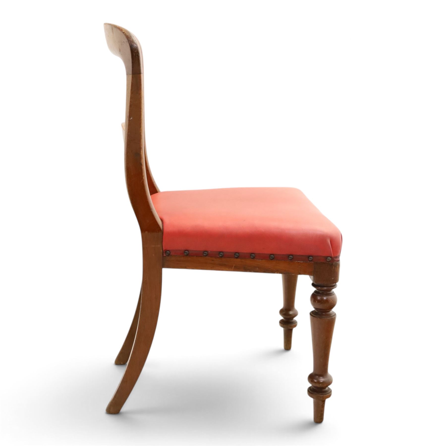 Set of four Victorian mahogany balloon back chairs, with red leather seats 