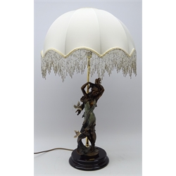  Large Florence Giuseppe Armani bronzed figural table lamp titled 'Aurora' with beaded frill shade, (H77cm including shade)  