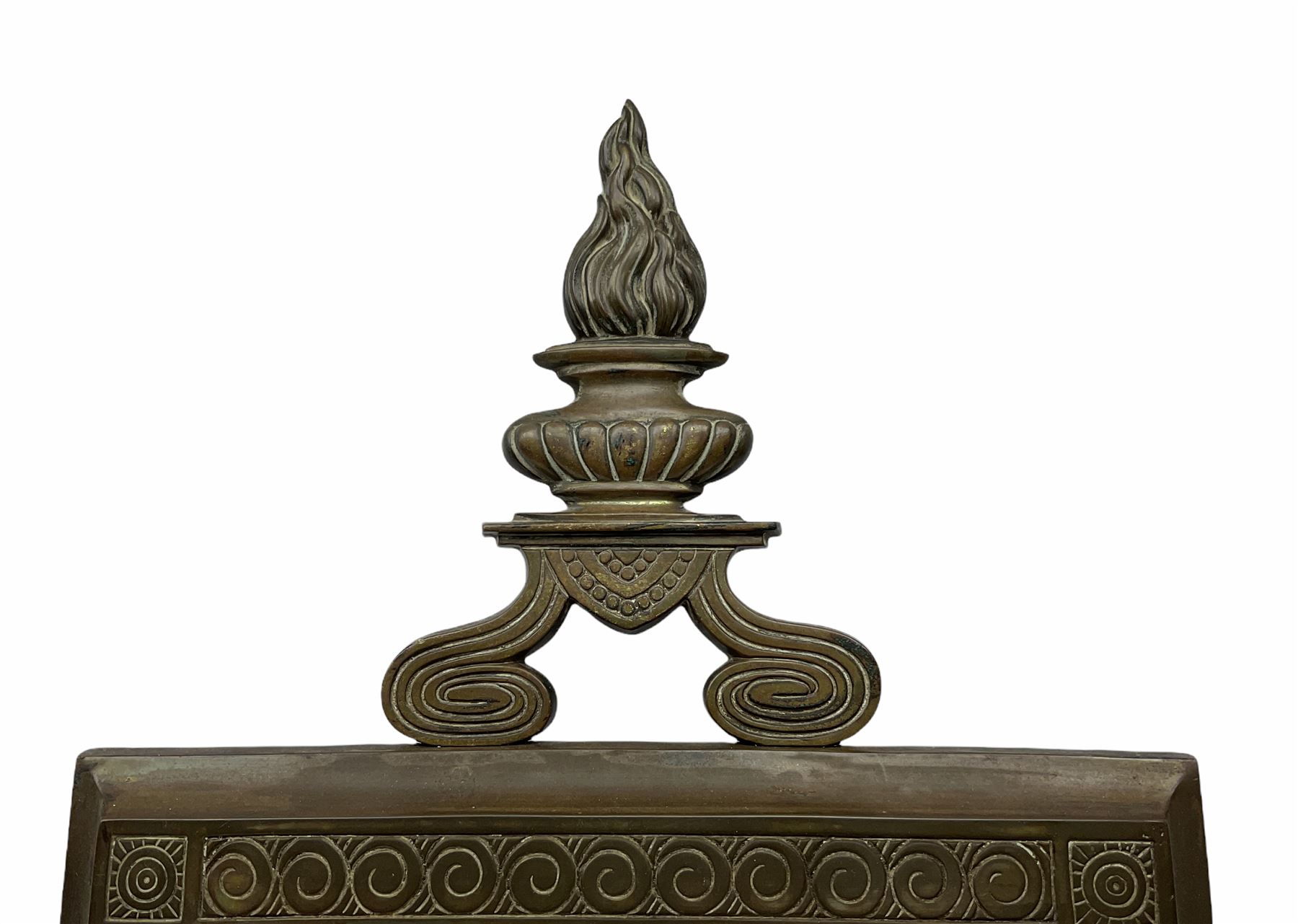 Victorian mirror, the rectangular bevelled glass plate within a bronze frame surmounted by a flaming urn representing undying memory, with Victorian registration lozenge verso, H65cm L29.5cm