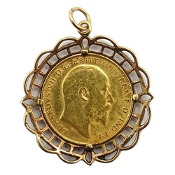  1908 gold half sovereign, loose mounted in 9ct gold pendant,  