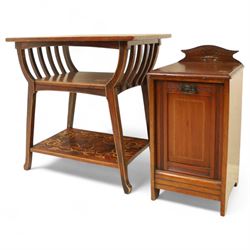 19th century mahogany coal scuttle, shaped raised back carved with shell fan motif, swing front enclosing original removable metal liner with handle, panelled front with cast drop handle, over slatted undertier (H 65cm, W 33cm, D 34cm)
Early 20th century mahogany magazine table, rectangular top and undertier decorated with gilt foliate and scroll marquetry, shaped pierced side rails forming magazine divisions, on square tapering supports (H 70cm, W 71cm, D 45cm)