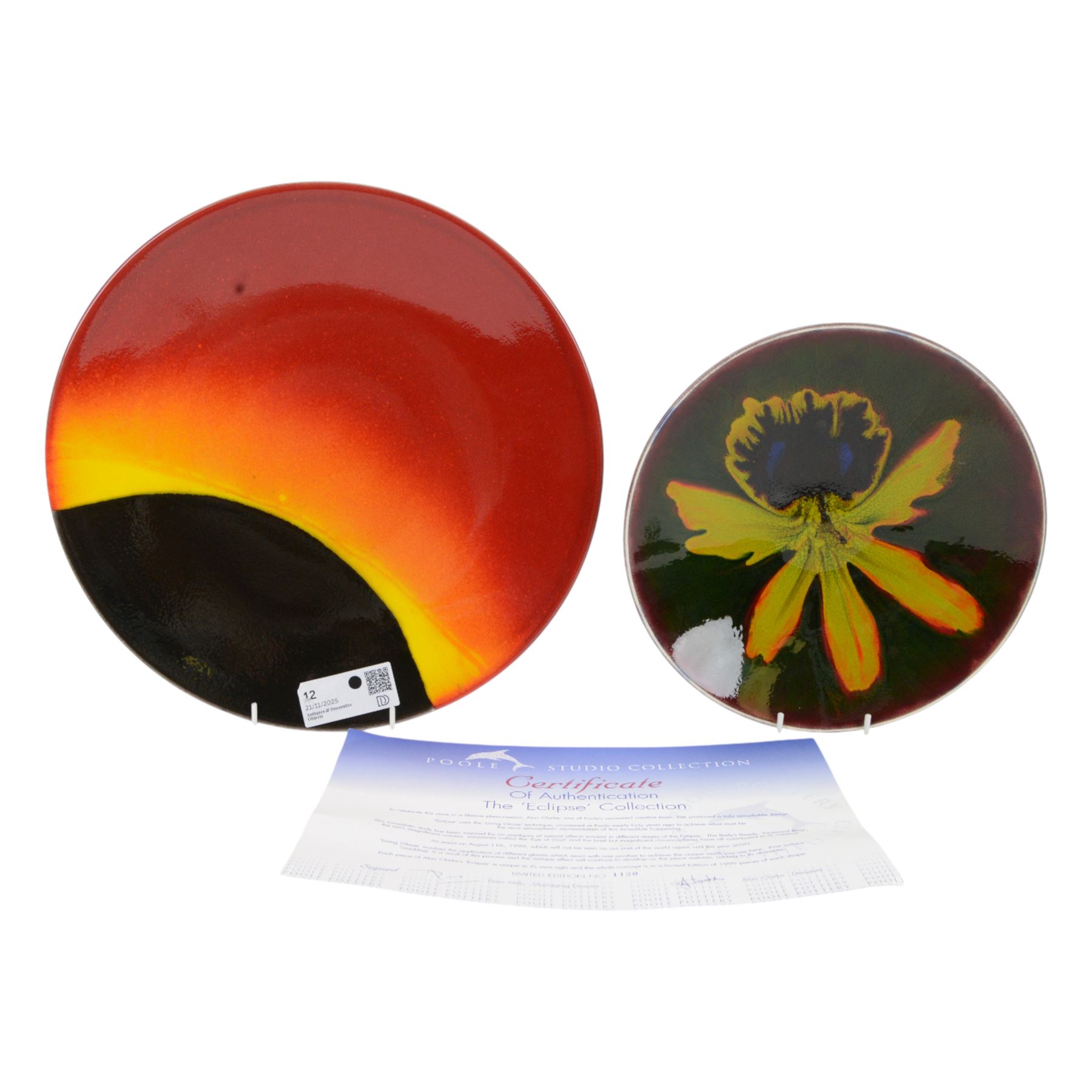 Poole Studio Collection Eclipse charger designed by Alan Clarke, with certificate, together with Poole Spider Orchid charger by Anita Harris, largest D35cm