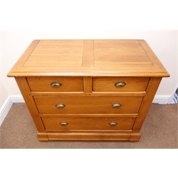  Oak chest, moulded top, two short and two long drawers, W102cm, H85cm, D53cm  
