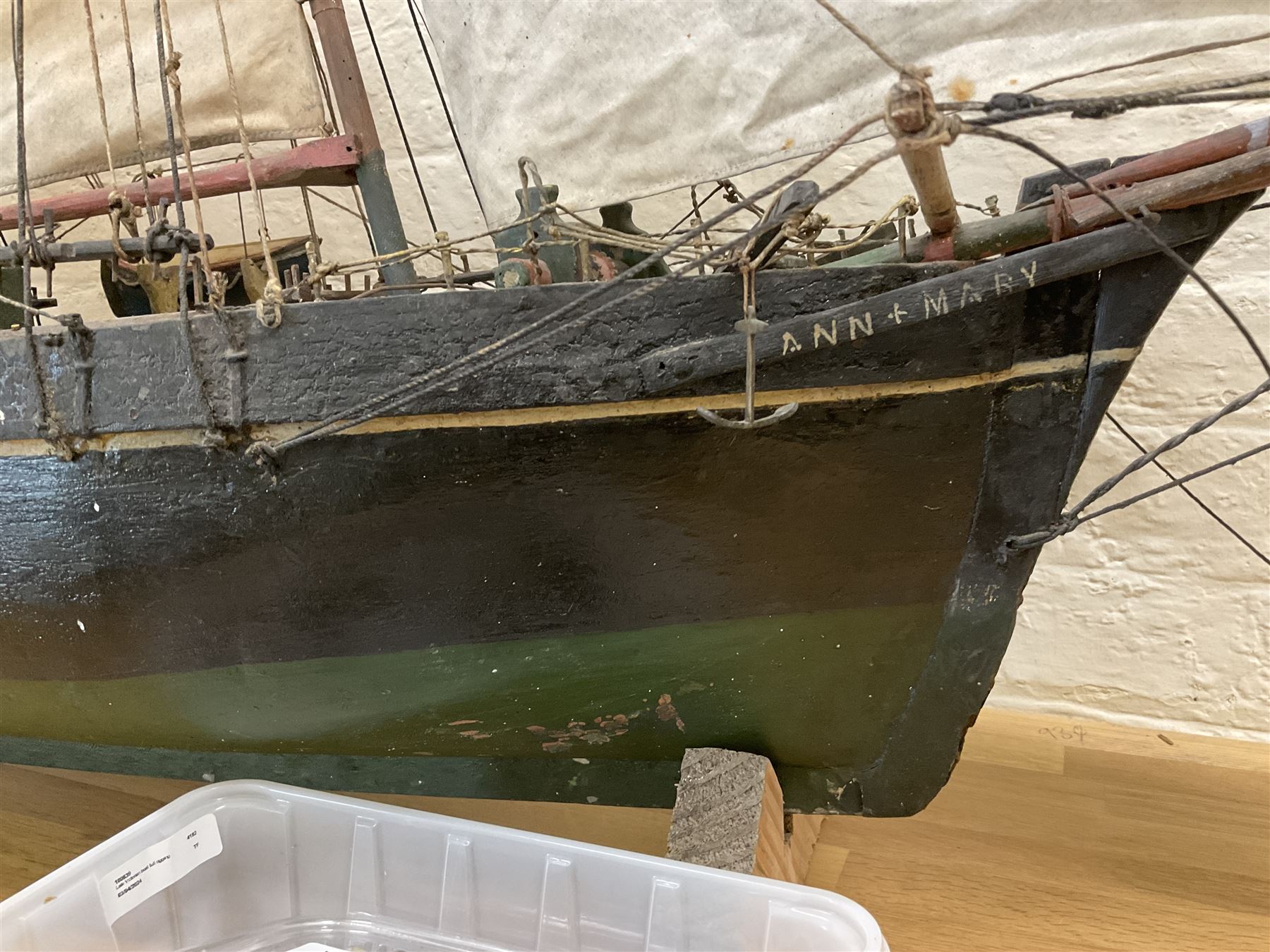 Late Victorian scratch built model of 18th century ship in full sail with the name Ann & Mary painted to the hull, upon a wooden stand, H128cm