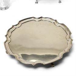 Silver plated items including chafing dish with revolving cover, circular salver, small hip flask, snuffing scissors, milk jug, sugar bowl etc