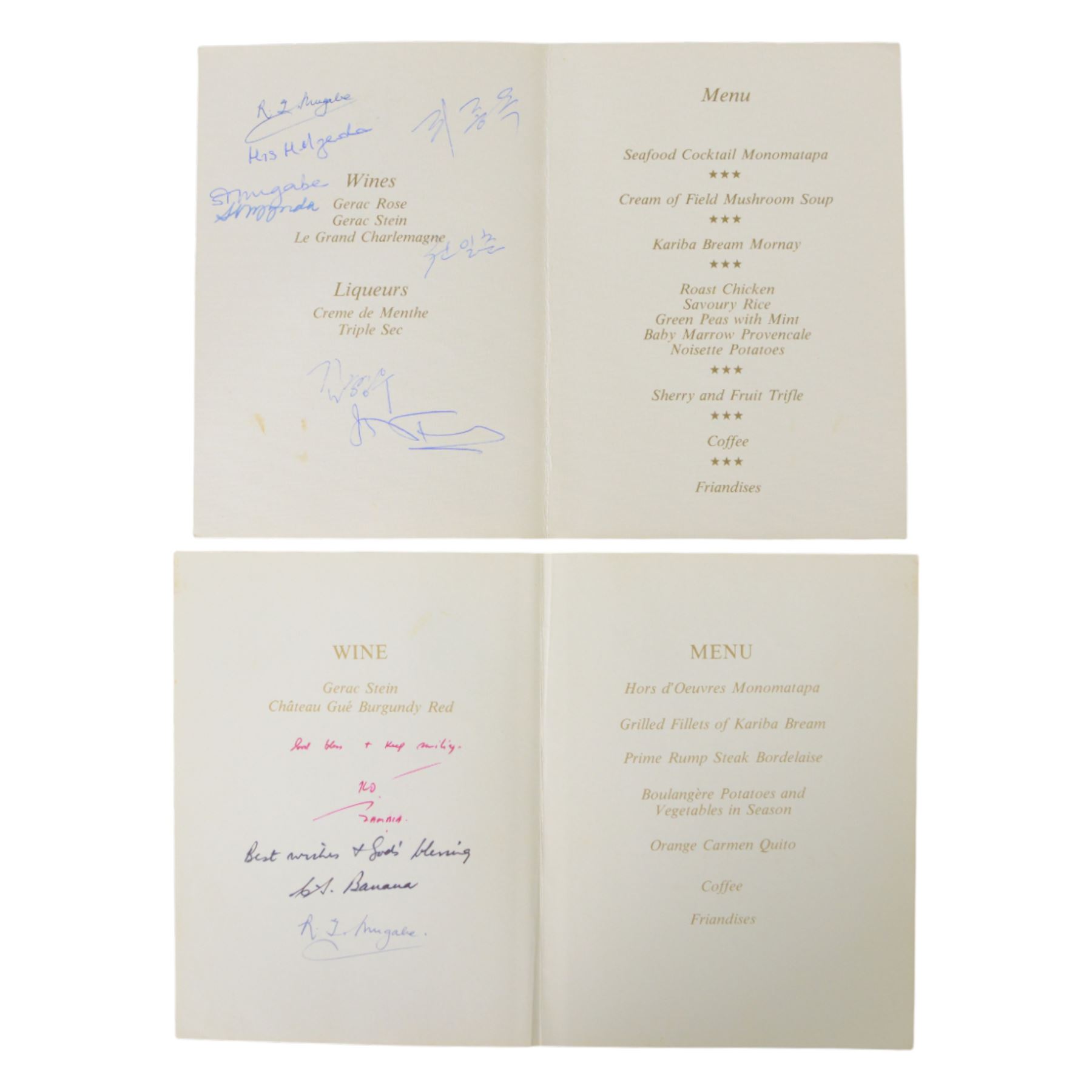 Menu signed by Robert Mugabe, Canaan Banana, and Kenneth Kaunda,  'Dinner by The Hon. Prime Minister Robert Gabriel Mugabe and Madame Sally Mugabe in honour of the Hon. Comrafe Li Jong Ok Prime Minister of the Democratic Peoples Republic of Korea, H21cm
Provenance: the vendor's husband was Food and Beverage Manager at the meal and had the menu signed
