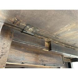 Late 17th century William & Mary oak drop leaf dining table, oval drop leaf top, single drawer to one end, gate action base, turned supports joined by bobbin turned stretchers, 121cm x 135cm, H75cm (open)