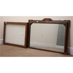  Early 20th century oak notice board, single glazed door (W81cm, H61cm) and a mirror (W103cm, H68cm)  