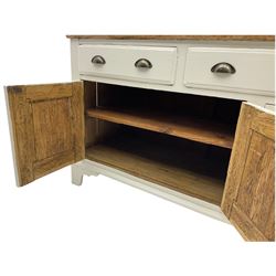 Victorian pine dresser, raised painted three heights plate rack with projecting cornice, waxed top over pained base fitted with three drawers and two double cupboards, bracket feet