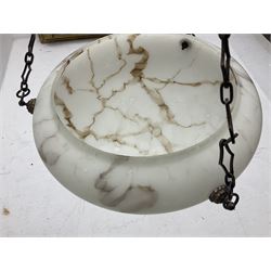 Art Deco style frosted glass marbled fly catcher light shade, suspended by three chains, D31cm