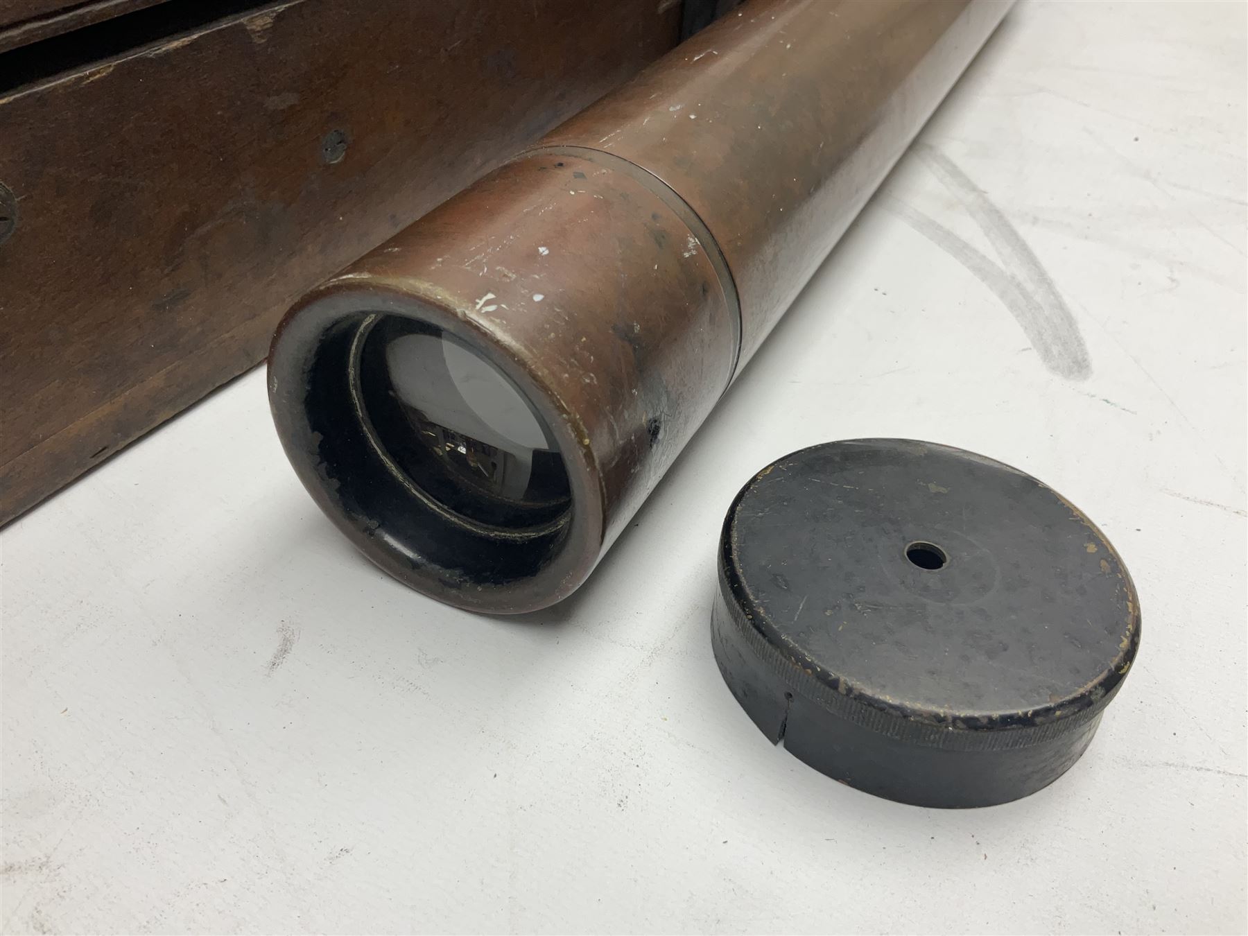 Early 20th century brass and black japanned gunsighting telescope inscribed 'G.S. Telescope X8 No.2127 W.G. Pye & Co Cambridge 1918 No.18' with X graticule to lens L53cm; in wooden box marked 'Gunsighting Telescope'