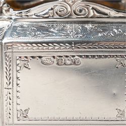 Victorian silver tea and coffee set engraved with classical urns, oval paterae and scrolling foliage, monogram and 'Diligentia et Honore' comprising teapot, tea kettle on spirit heater stand, coffee pot, two handled sugar bowl and cream jug Sheffield 1891 Maker John Round & Son Ltd