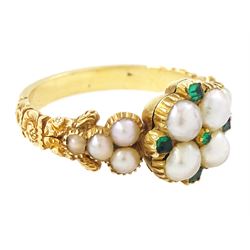 19th / early 20th century 18ct gold emerald and pearl flower head cluster ring, with pearl set shoulders and engraved foliate shank